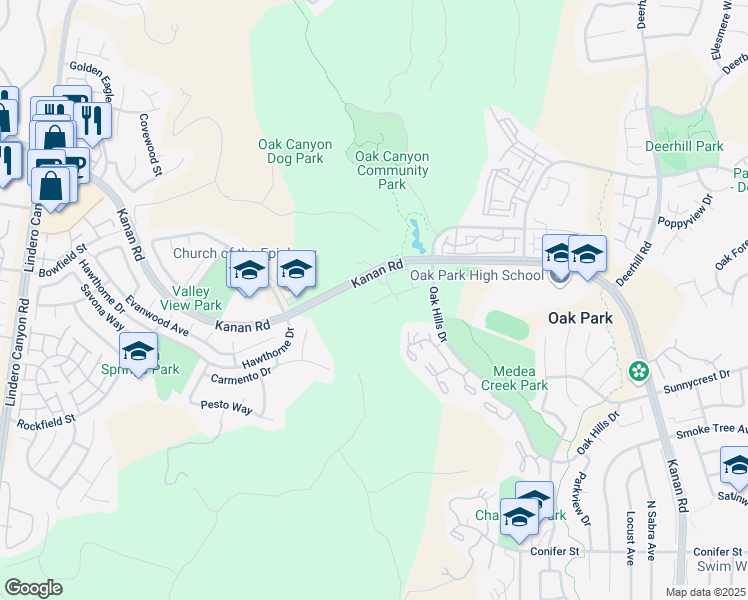 map of restaurants, bars, coffee shops, grocery stores, and more near 5423 Spanish Oak Lane in Oak Park