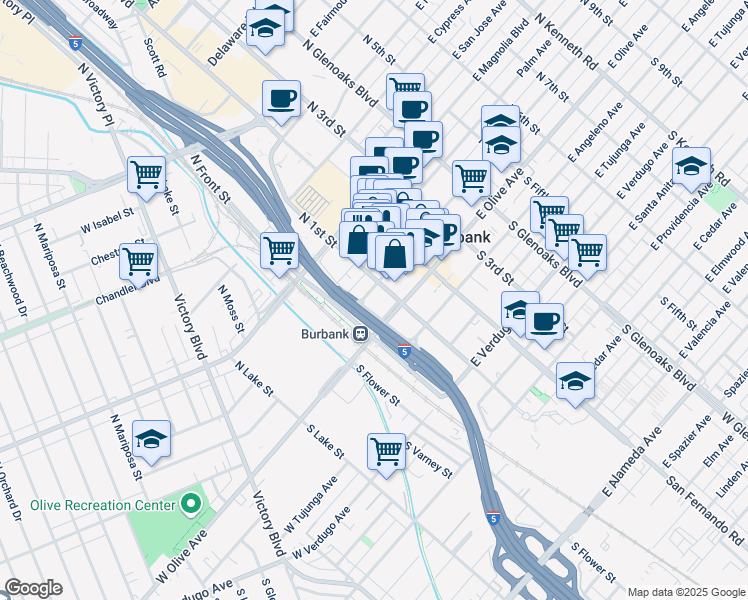 map of restaurants, bars, coffee shops, grocery stores, and more near 110 East Orange Grove Avenue in Burbank