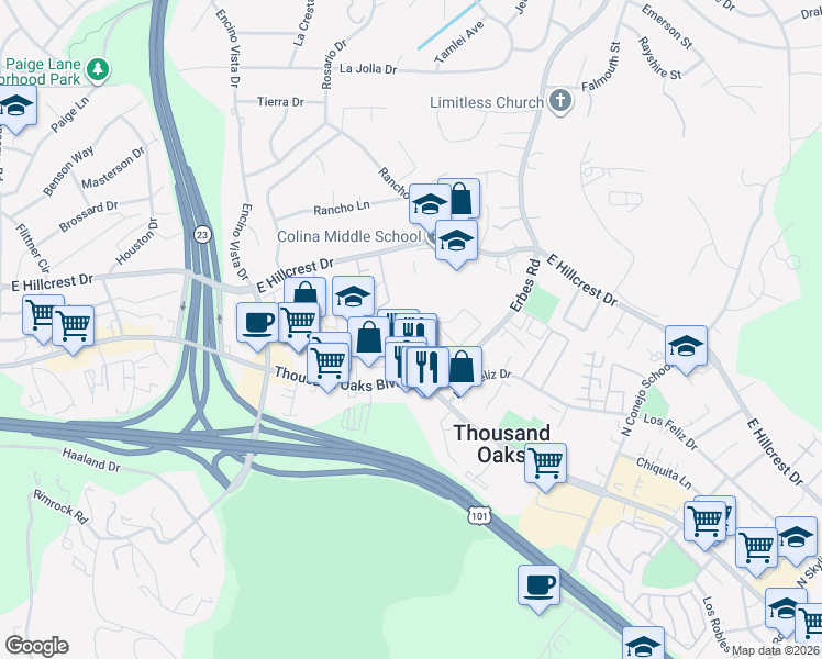 map of restaurants, bars, coffee shops, grocery stores, and more near in Thousand Oaks