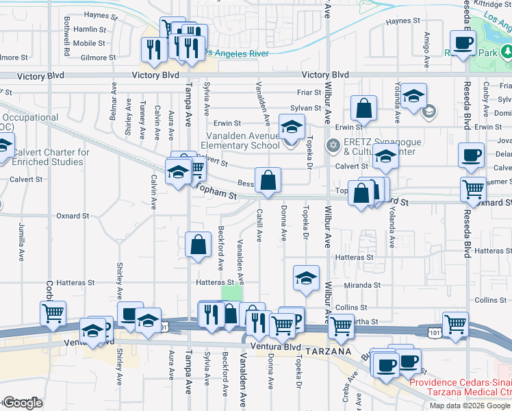 map of restaurants, bars, coffee shops, grocery stores, and more near 18010 West Oxnard Street in Los Angeles