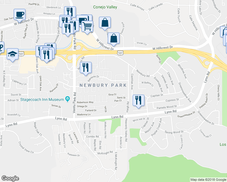 map of restaurants, bars, coffee shops, grocery stores, and more near 1100 Amberton Lane in Thousand Oaks