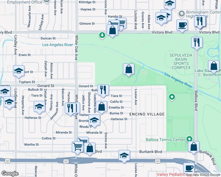 map of restaurants, bars, coffee shops, grocery stores, and more near 17449 Bullock Street in Los Angeles
