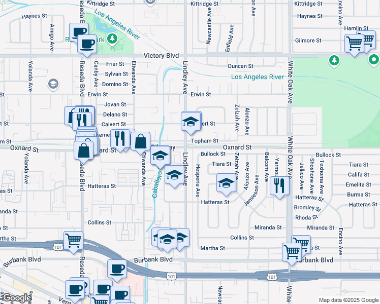 map of restaurants, bars, coffee shops, grocery stores, and more near 6036 Lindley Avenue in Los Angeles