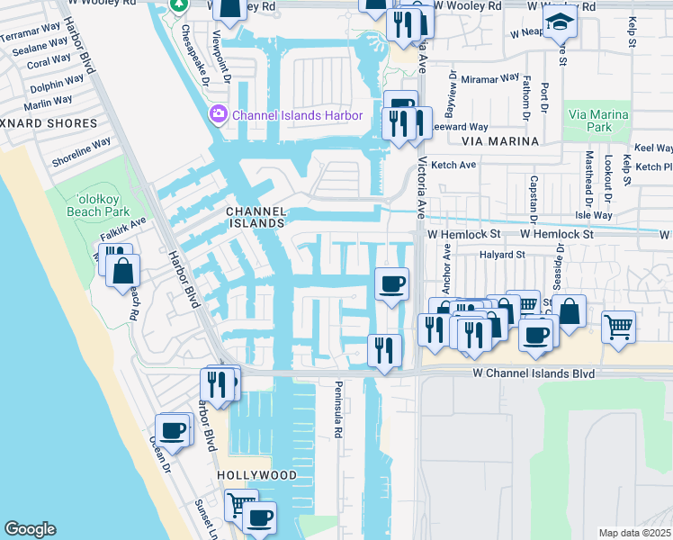 map of restaurants, bars, coffee shops, grocery stores, and more near 2130 Peninsula Road in Oxnard