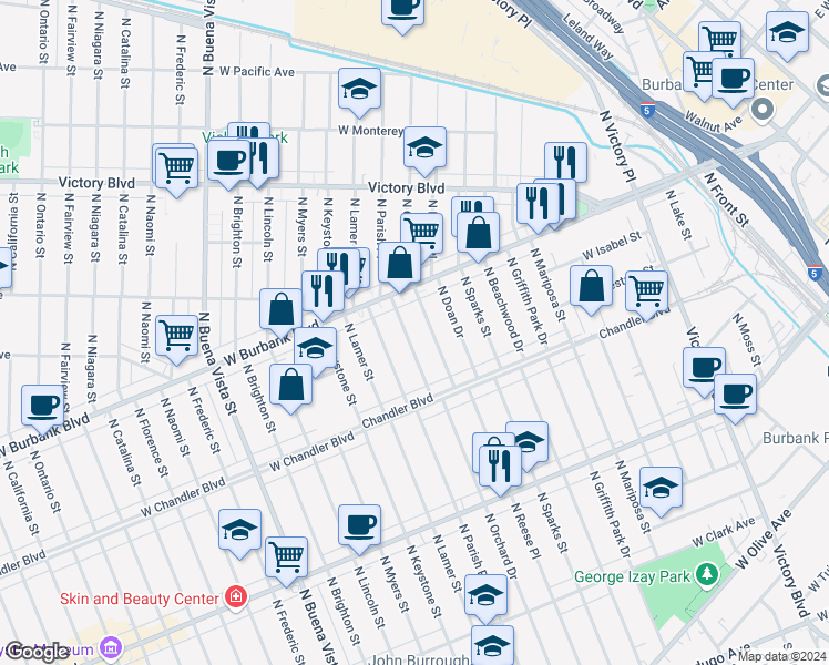 map of restaurants, bars, coffee shops, grocery stores, and more near 910 North Orchard Drive in Burbank