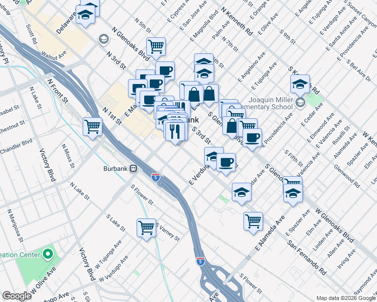map of restaurants, bars, coffee shops, grocery stores, and more near 200 East Angeleno Avenue in Burbank