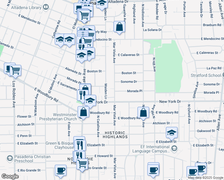 map of restaurants, bars, coffee shops, grocery stores, and more near 2012 Maiden Lane in Altadena