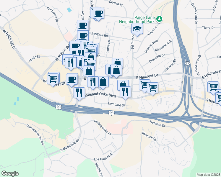 map of restaurants, bars, coffee shops, grocery stores, and more near 260 East Hillcrest Drive in Thousand Oaks