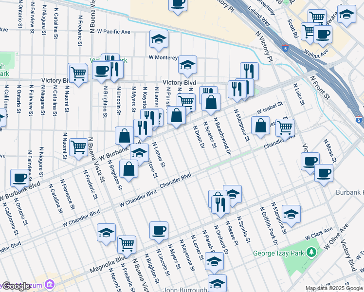 map of restaurants, bars, coffee shops, grocery stores, and more near 910 North Orchard Drive in Burbank