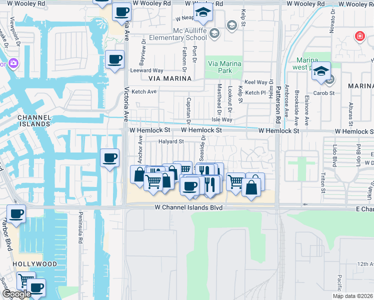 map of restaurants, bars, coffee shops, grocery stores, and more near 2622 Sextant Avenue in Port Hueneme