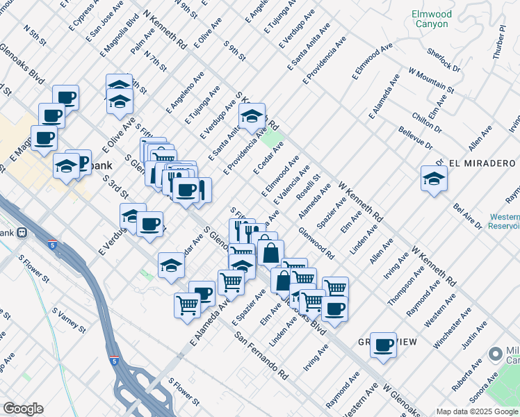 map of restaurants, bars, coffee shops, grocery stores, and more near 526 East Elmwood Avenue in Burbank