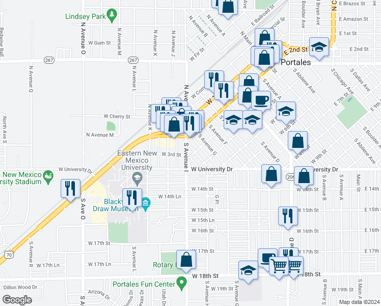 map of restaurants, bars, coffee shops, grocery stores, and more near 900 West 3rd Street in Portales