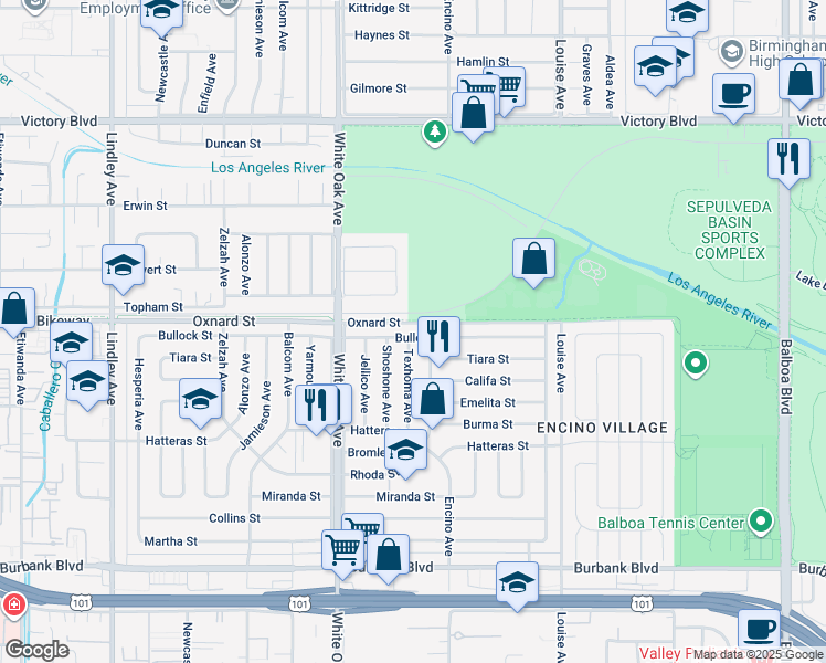 map of restaurants, bars, coffee shops, grocery stores, and more near 17549 Bullock Street in Los Angeles