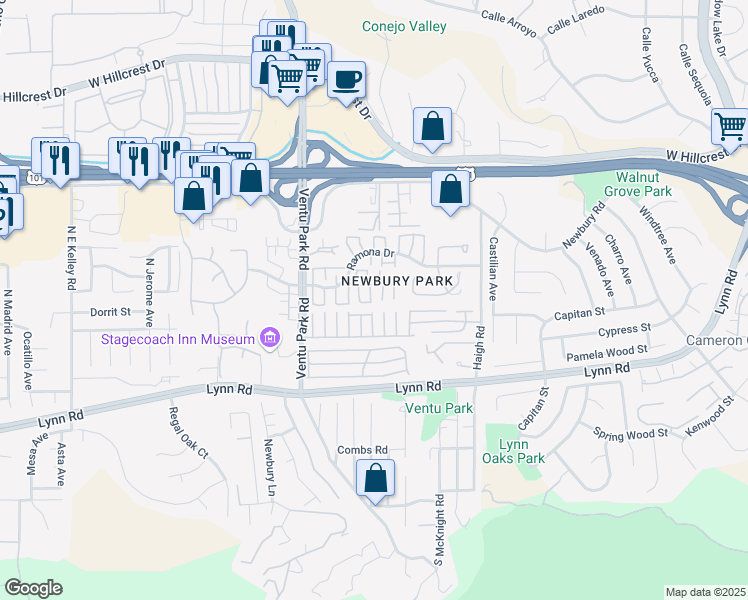 map of restaurants, bars, coffee shops, grocery stores, and more near 1296 Alessandro Drive in Thousand Oaks