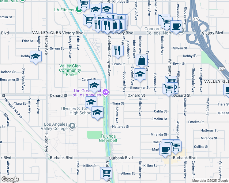 map of restaurants, bars, coffee shops, grocery stores, and more near 6000 Coldwater Canyon Avenue in Los Angeles