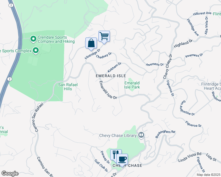 map of restaurants, bars, coffee shops, grocery stores, and more near 3308 Crail Way in Glendale
