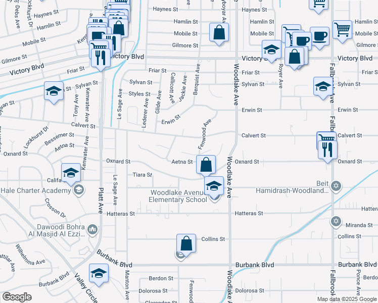 map of restaurants, bars, coffee shops, grocery stores, and more near 23325 Bessemer Street in Los Angeles