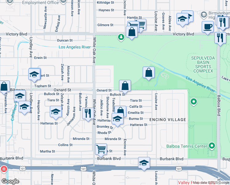 map of restaurants, bars, coffee shops, grocery stores, and more near 17549 Bullock Street in Los Angeles