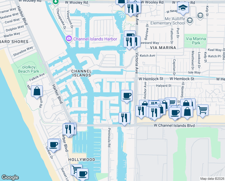map of restaurants, bars, coffee shops, grocery stores, and more near 2045 Ravoli Drive in Oxnard