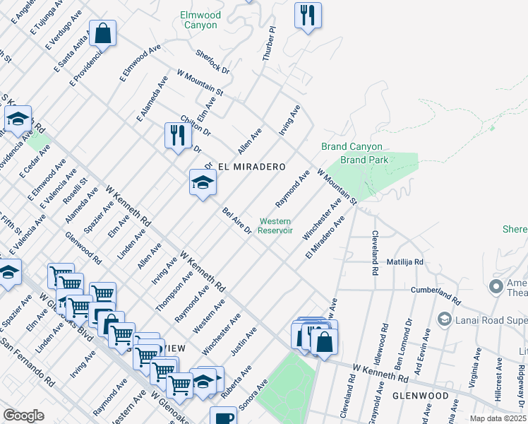 map of restaurants, bars, coffee shops, grocery stores, and more near 1448 Thompson Avenue in Glendale