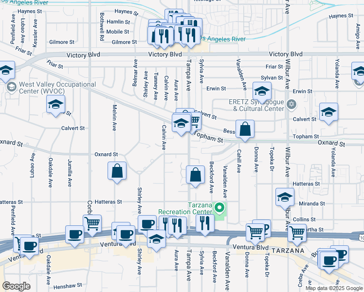 map of restaurants, bars, coffee shops, grocery stores, and more near 6043 Tampa Avenue in Los Angeles