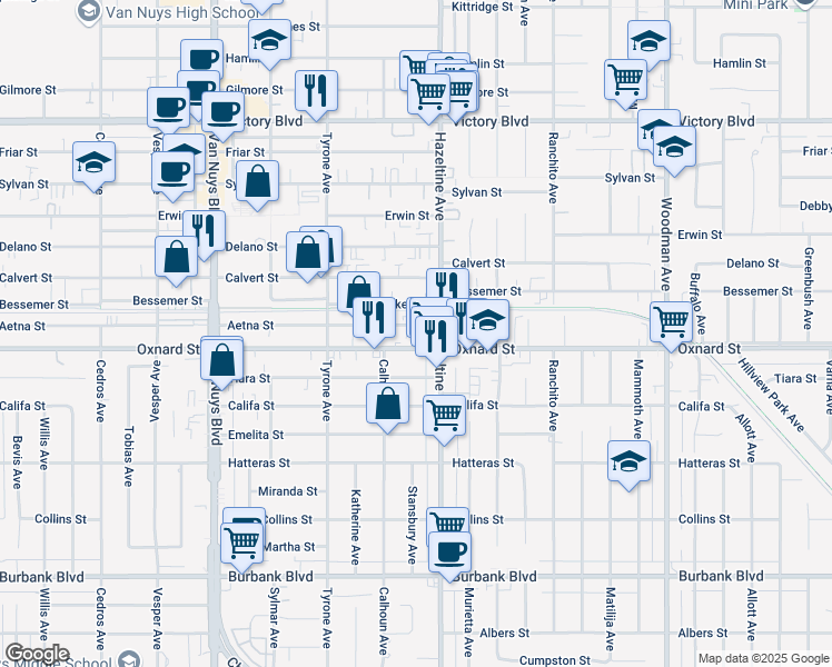 map of restaurants, bars, coffee shops, grocery stores, and more near 14143 Bessemer Street in Los Angeles