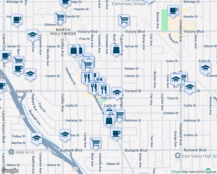 map of restaurants, bars, coffee shops, grocery stores, and more near 6014 Farmdale Avenue in Los Angeles