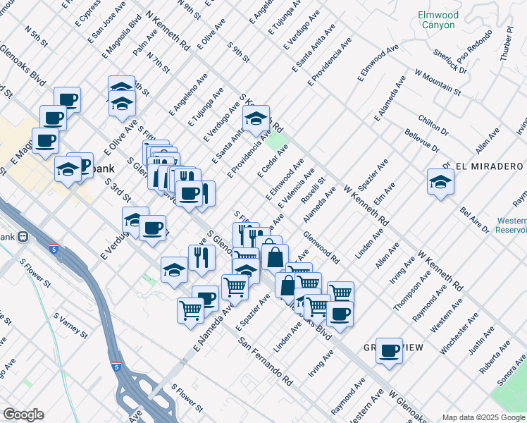 map of restaurants, bars, coffee shops, grocery stores, and more near 526 East Elmwood Avenue in Burbank