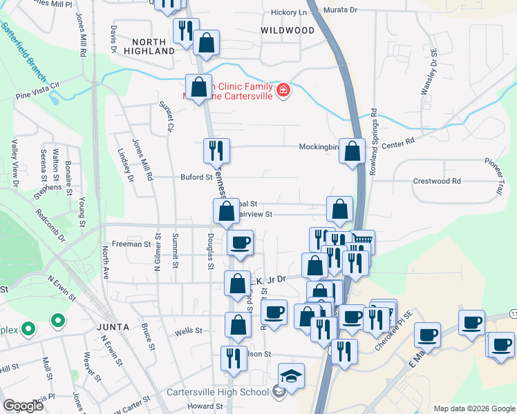 map of restaurants, bars, coffee shops, grocery stores, and more near 28 Opal Street in Cartersville