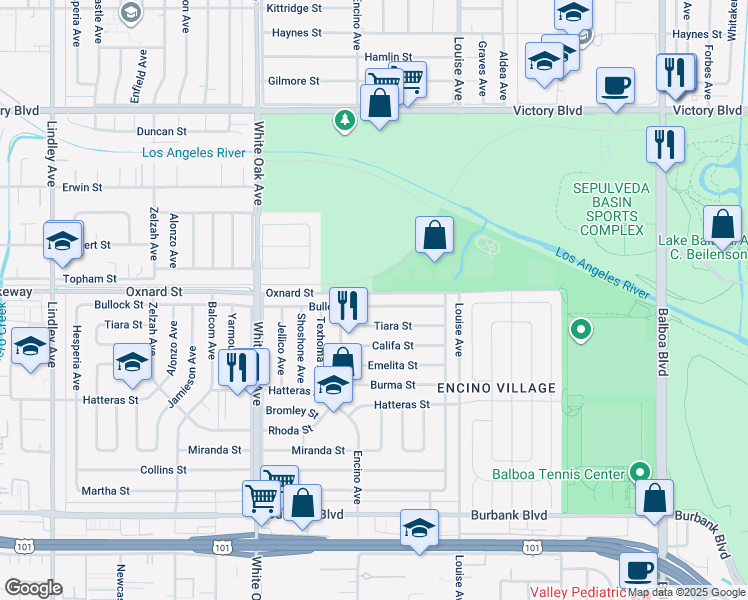 map of restaurants, bars, coffee shops, grocery stores, and more near 17449 Bullock Street in Los Angeles