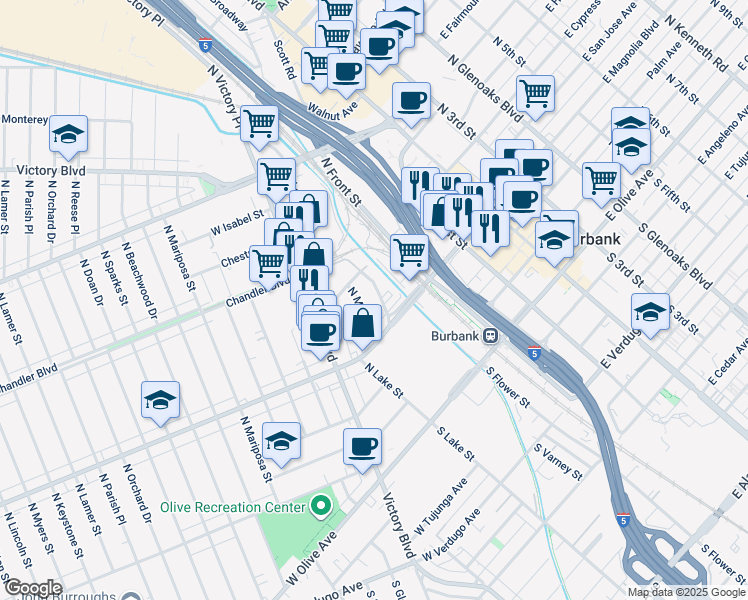 map of restaurants, bars, coffee shops, grocery stores, and more near 455 North Varney Street in Burbank