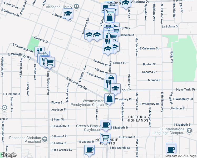 map of restaurants, bars, coffee shops, grocery stores, and more near 801 East Sacramento Street in Altadena