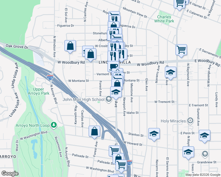 map of restaurants, bars, coffee shops, grocery stores, and more near 494 West Montana Street in Pasadena