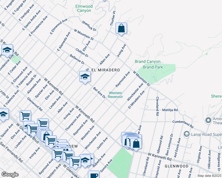 map of restaurants, bars, coffee shops, grocery stores, and more near 1448 Thompson Avenue in Glendale
