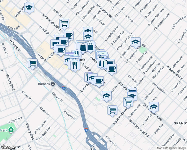 map of restaurants, bars, coffee shops, grocery stores, and more near 300 East Tujunga Avenue in Burbank