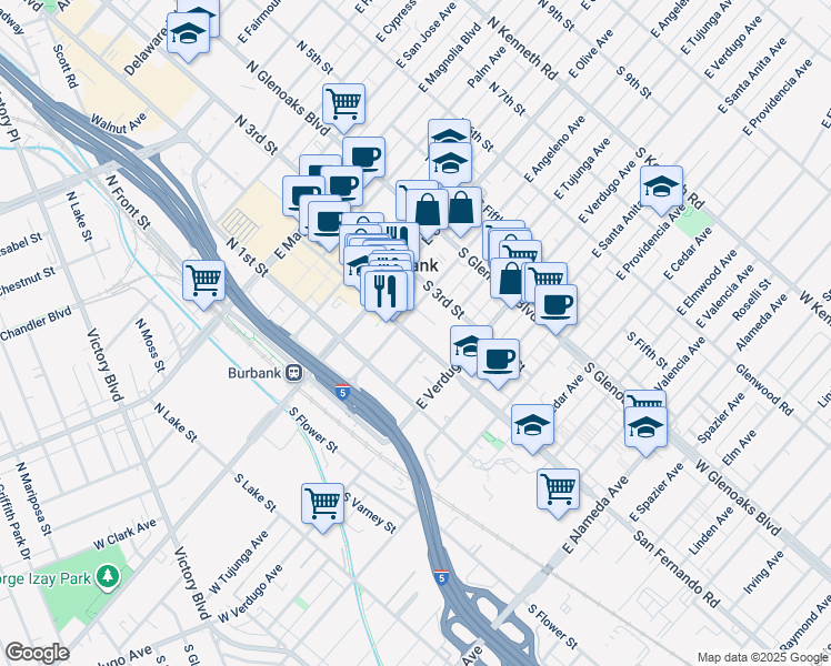 map of restaurants, bars, coffee shops, grocery stores, and more near 200 East Angeleno Avenue in Burbank