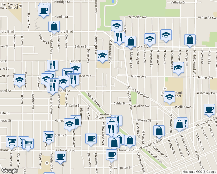 map of restaurants, bars, coffee shops, grocery stores, and more near 6037 Cahuenga Boulevard in Los Angeles