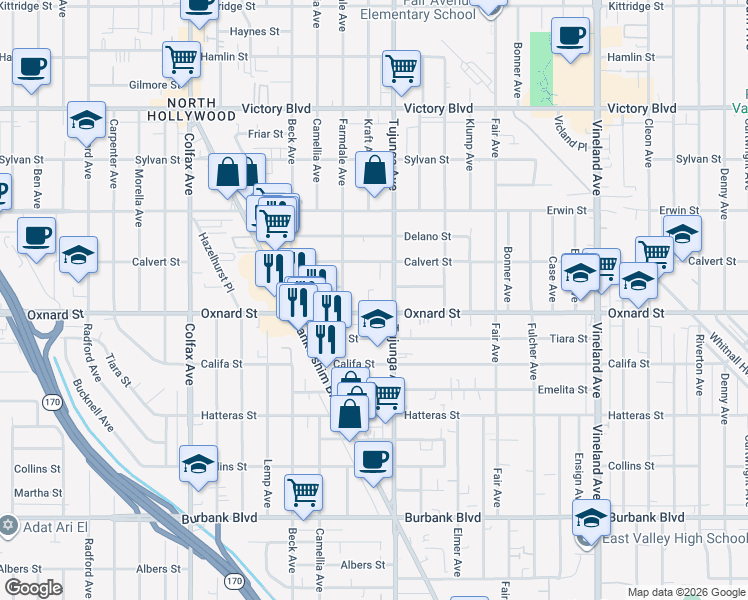 map of restaurants, bars, coffee shops, grocery stores, and more near 11426 Calvert Street in Los Angeles