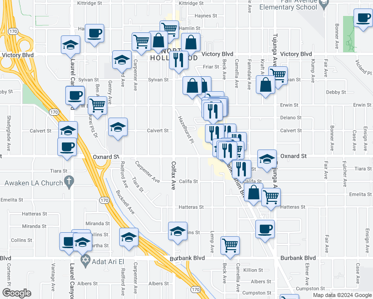 map of restaurants, bars, coffee shops, grocery stores, and more near 6036 Hazelhurst Place in Los Angeles