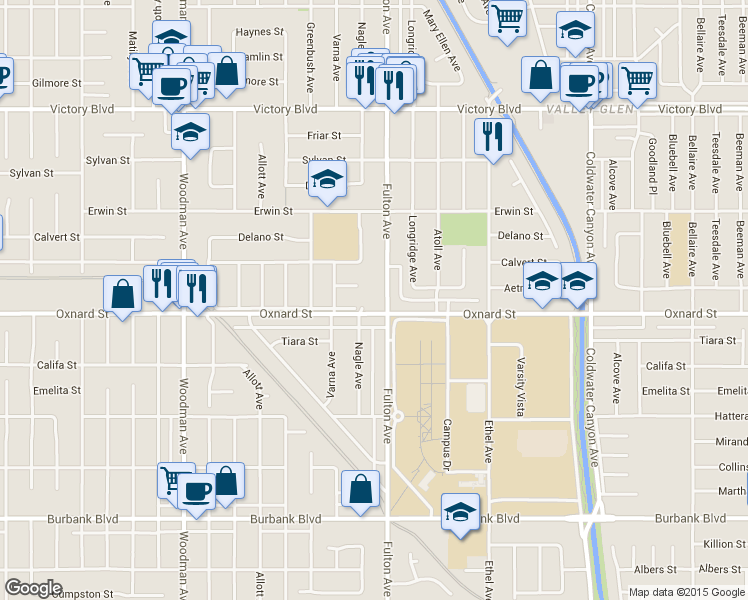 map of restaurants, bars, coffee shops, grocery stores, and more near 13320 Aetna Street in Los Angeles