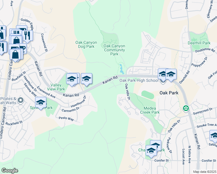 map of restaurants, bars, coffee shops, grocery stores, and more near 5423 Spanish Oak Lane in Oak Park