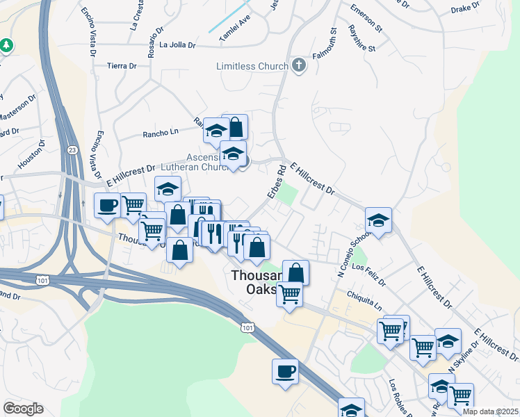 map of restaurants, bars, coffee shops, grocery stores, and more near 223 Erbes Road in Thousand Oaks