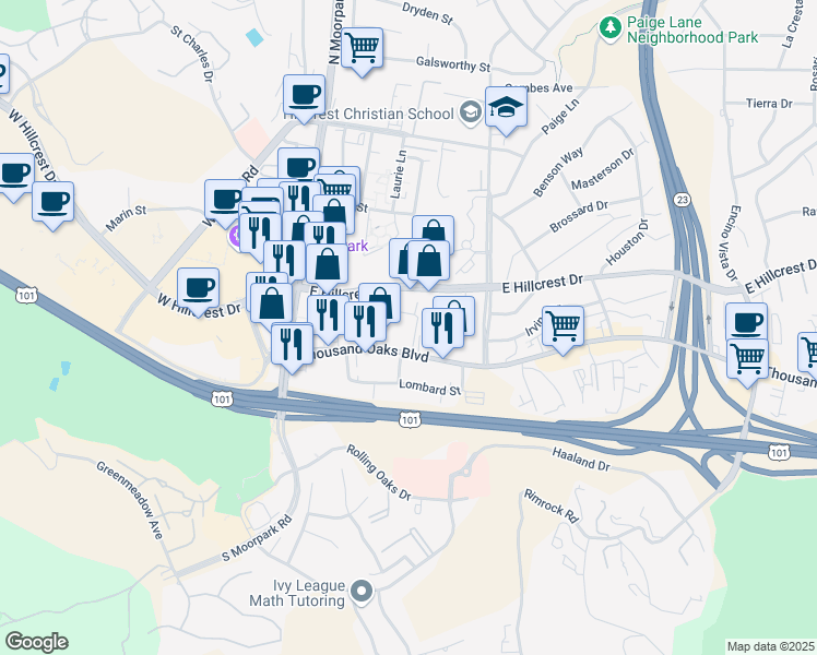 map of restaurants, bars, coffee shops, grocery stores, and more near 260 East Hillcrest Drive in Thousand Oaks
