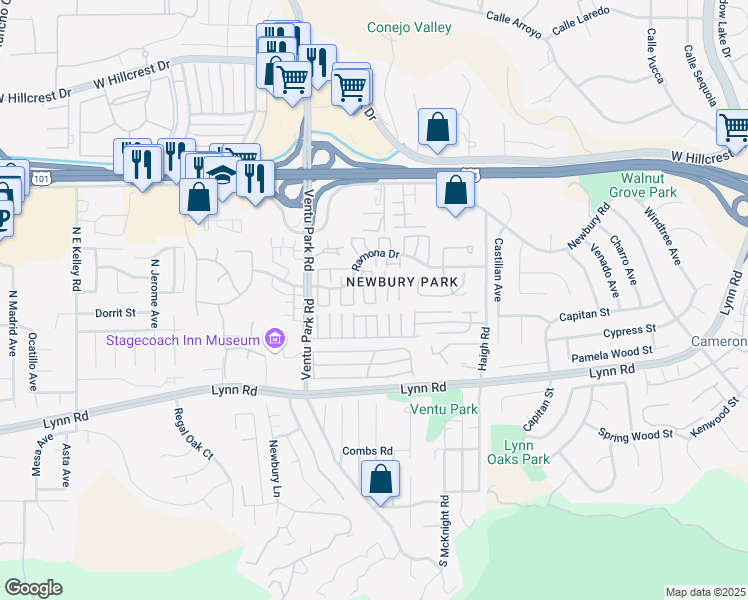 map of restaurants, bars, coffee shops, grocery stores, and more near 1283 Alessandro Drive in Thousand Oaks