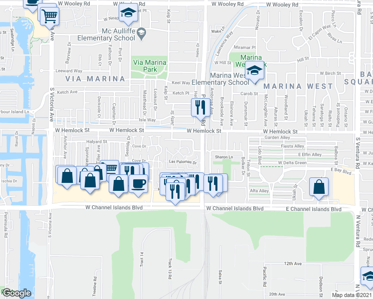 map of restaurants, bars, coffee shops, grocery stores, and more near 2639 Galleon Avenue in Port Hueneme