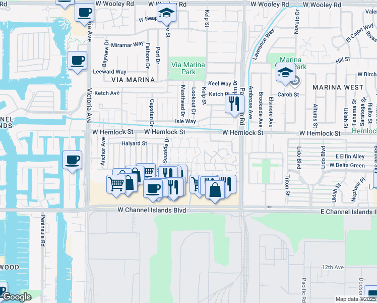map of restaurants, bars, coffee shops, grocery stores, and more near 2648 Foghorn Cove in Port Hueneme