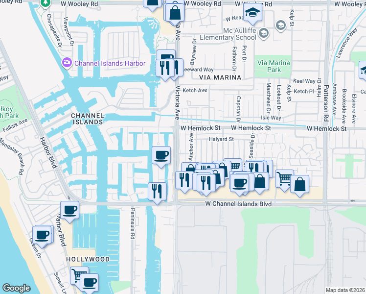 map of restaurants, bars, coffee shops, grocery stores, and more near 2035 Victoria Avenue in Ventura