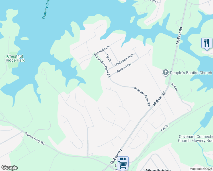 map of restaurants, bars, coffee shops, grocery stores, and more near 6434 South Creek Court in Flowery Branch