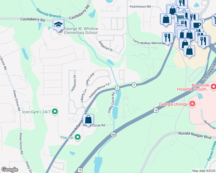 map of restaurants, bars, coffee shops, grocery stores, and more near 1690 Independence Trail in Cumming
