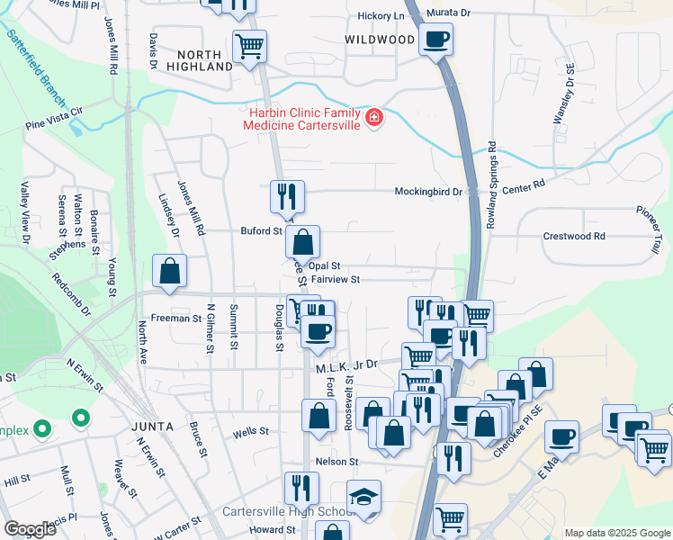 map of restaurants, bars, coffee shops, grocery stores, and more near 28 Opal Street in Cartersville